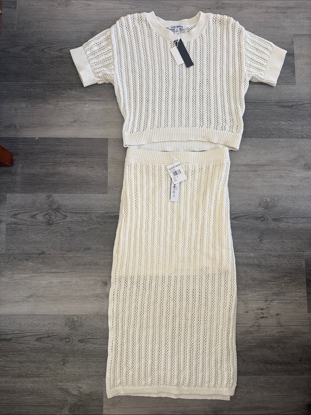 Steve Madden - Pointelle Marshmallow Set- Open-Knit Midi Skirt and Top NWT S/XS